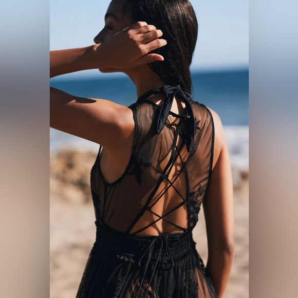 By Anthropologie Embroidered Mesh Maxi Dress black Women’s SIZE MEDIUM lace dark - Picture 4 of 14